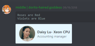 middle (213852668785852418): Roses are Red
Violets are Blue

Daisy Lu - Xeon CPU
