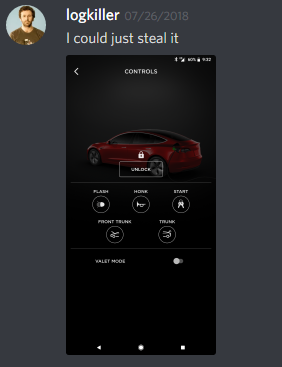 logkiller: I could just steal it
[image of the Tesla app]