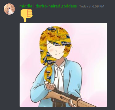 middle I dorito-haired goddess

[image of an anime girl with doritos hair holding a gun]