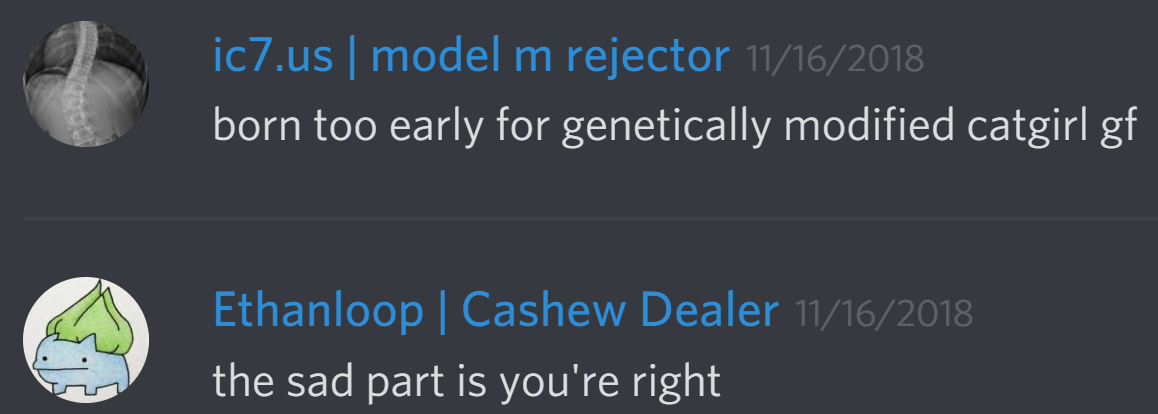 iComputer7 ic7.us | model m rejector: born too early genetically modified catgirl gf
Ethanleep Ethanloop | Cashew Dealer: the sad part is you're right